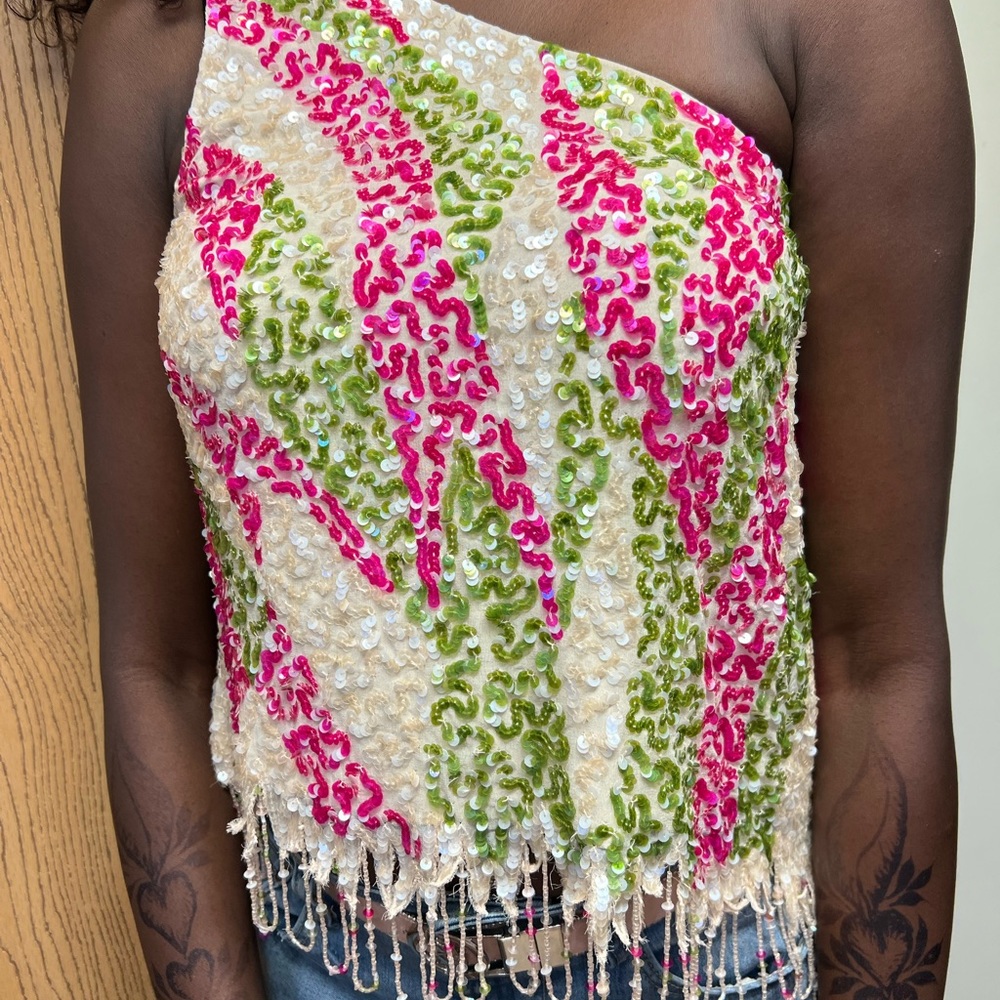 Colorful sequined one shoulder top